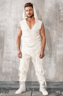 Black hooded bamboo linen vest with oversized hood and long silhouette