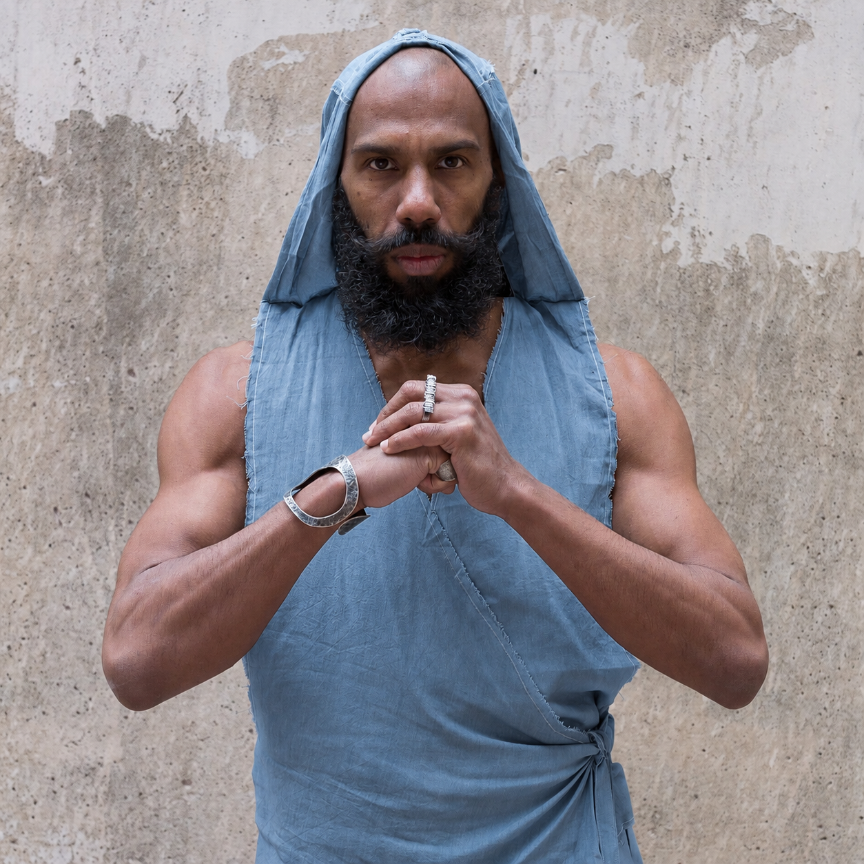 Steel Blue minimal futuristic hooded bamboo linen vest for extreme heat