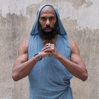 Steel Blue minimal futuristic hooded bamboo linen vest for extreme heat
