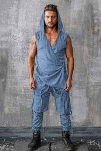 Steel Blue hooded bamboo linen vest, Dune-inspired desert layer worn open