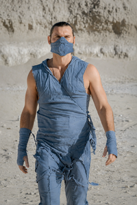 Steel Blue hooded bamboo linen vest in post-apocalyptic desert styling
