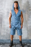 Steel Blue hooded bamboo linen vest with oversized hood and long silhouette