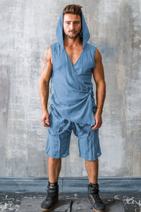 Steel Blue hooded bamboo linen vest with oversized hood and long silhouette