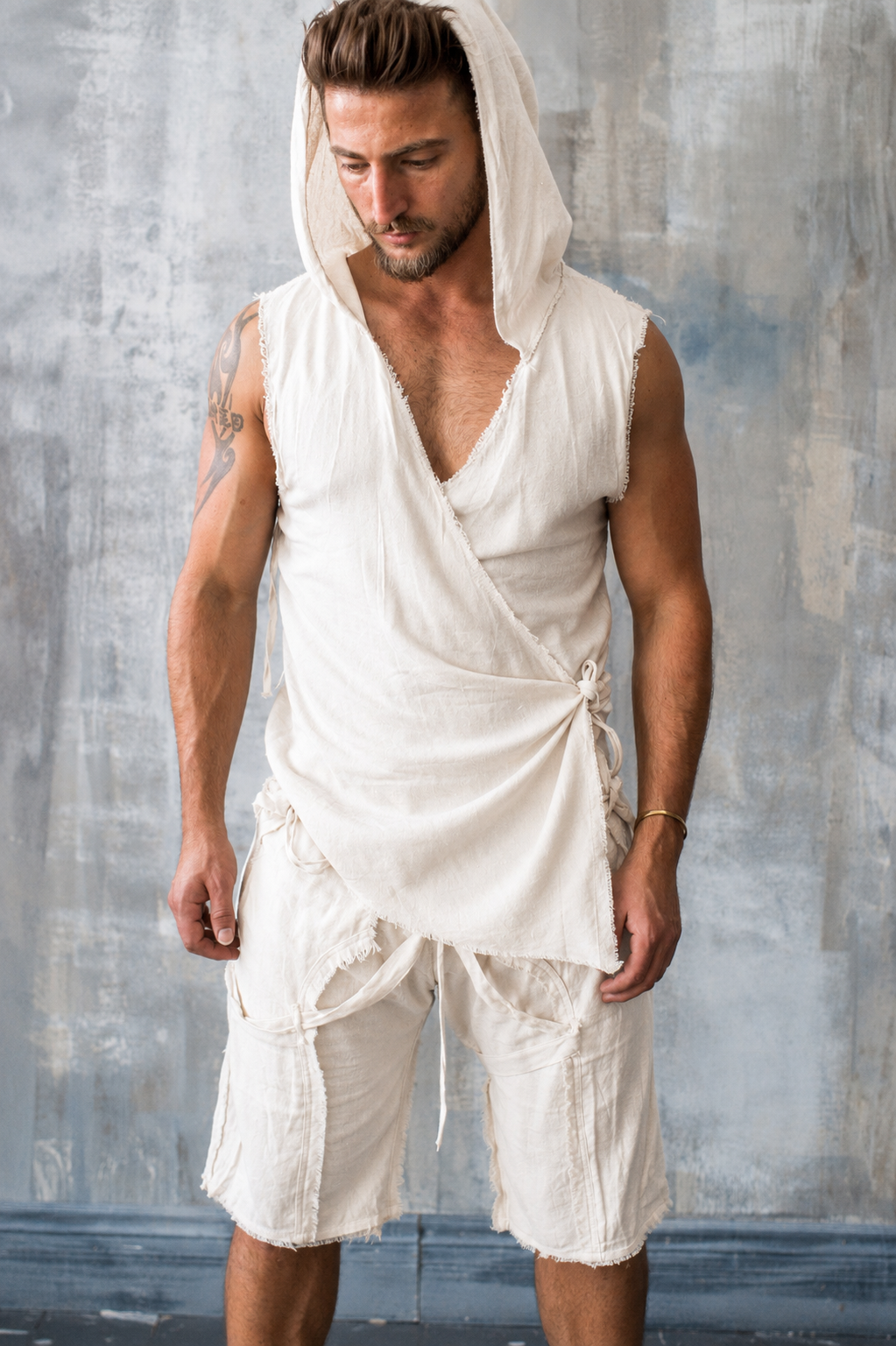 Ivory hooded bamboo linen vest, Dune-inspired desert layer worn open