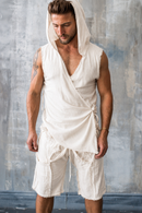 Ivory hooded bamboo linen vest, Dune-inspired desert layer worn open
