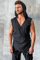 Black hooded bamboo linen vest in post-apocalyptic desert styling