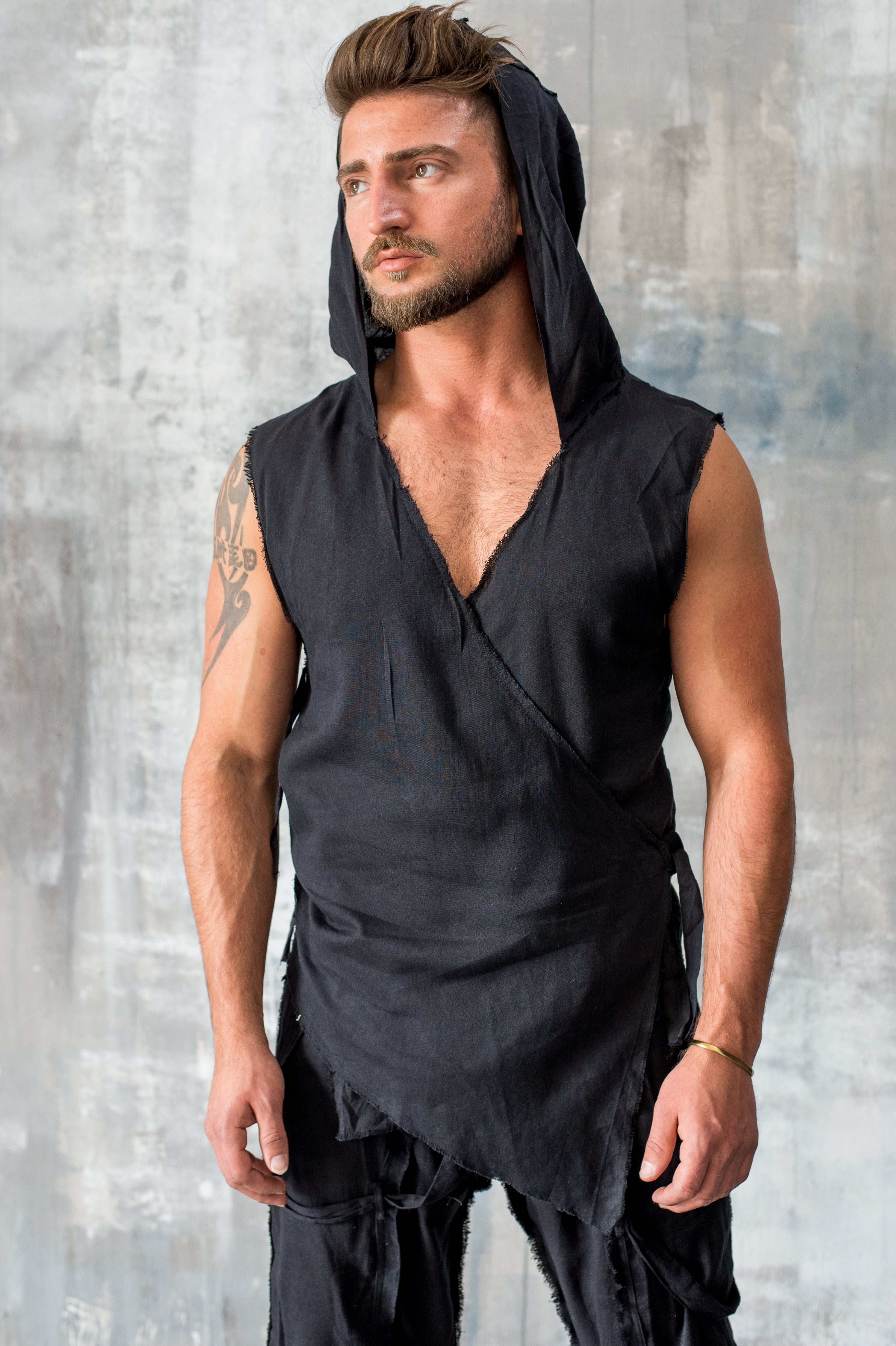 Black hooded bamboo linen vest in post-apocalyptic desert styling