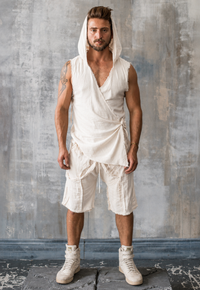 Ivory hooded bamboo linen vest with oversized hood and long silhouette