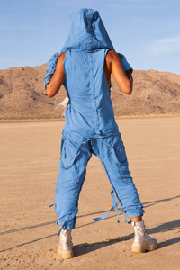 Steel Blue hooded bamboo linen vest with desert assassin and urban ninja styling