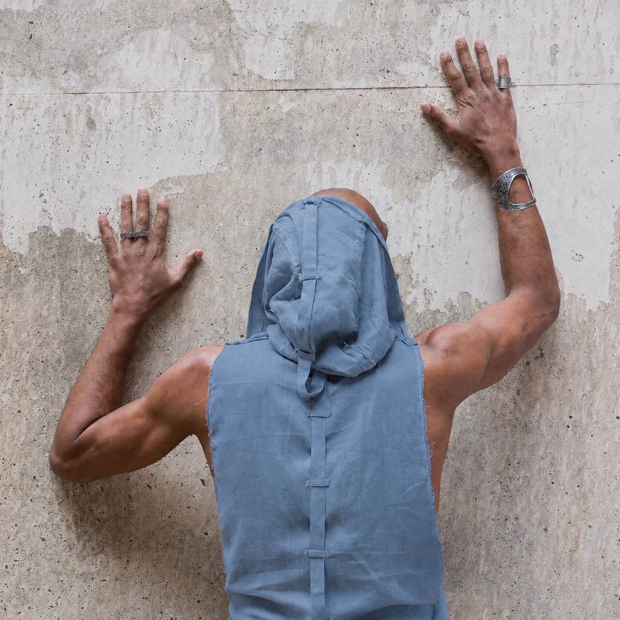 Steel Blue hooded bamboo linen vest with oversized hood and long silhouette