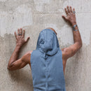 Steel Blue hooded bamboo linen vest with oversized hood and long silhouette