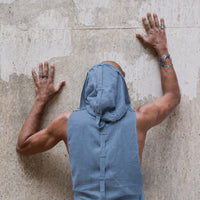 Steel Blue hooded bamboo linen vest with oversized hood and long silhouette